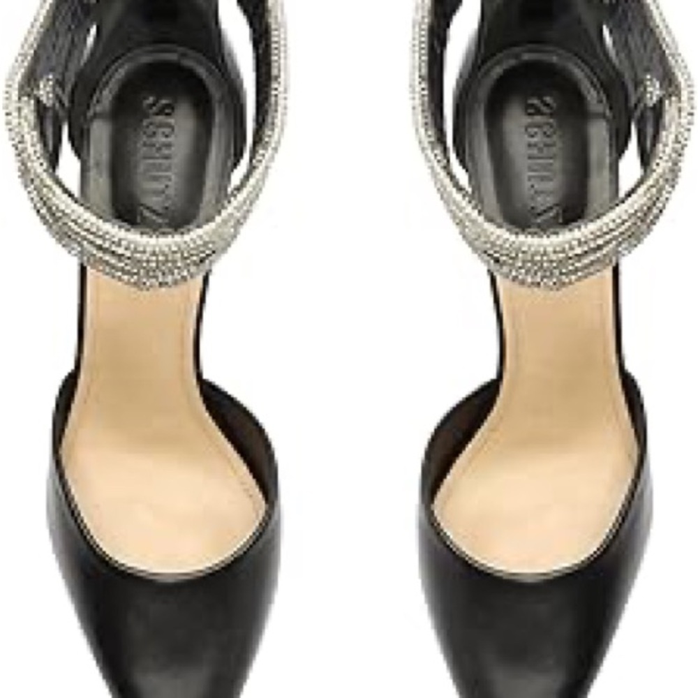 SCHUTZ Black and Silver Ankle Strap Heels